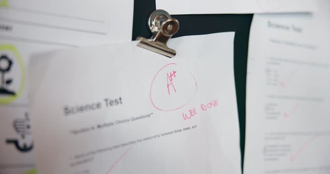 Home, success and child with test from school with pass, good grade and score for project. Happy, pride and teenager with assignment, paper and quiz on fridge for learning, education and studying