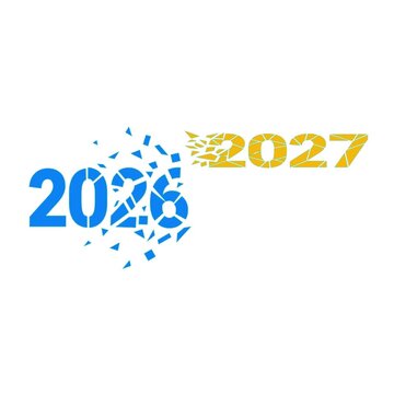 Transitioning 2026 into 2027 visual animation showing blue numeric shards shattering into vibrant golden fragments representing a new calendar year creative motion graphic design vector concept