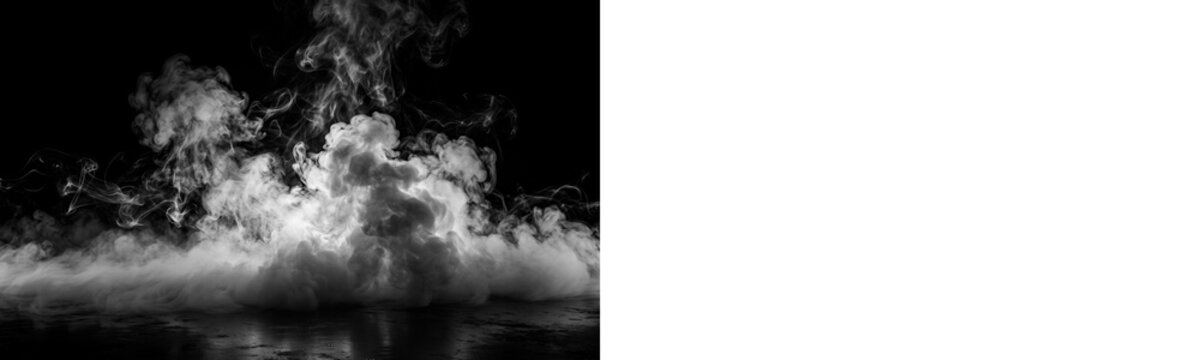 Thick white smoke or fog rolling on the ground against a black background isolated on transparent background