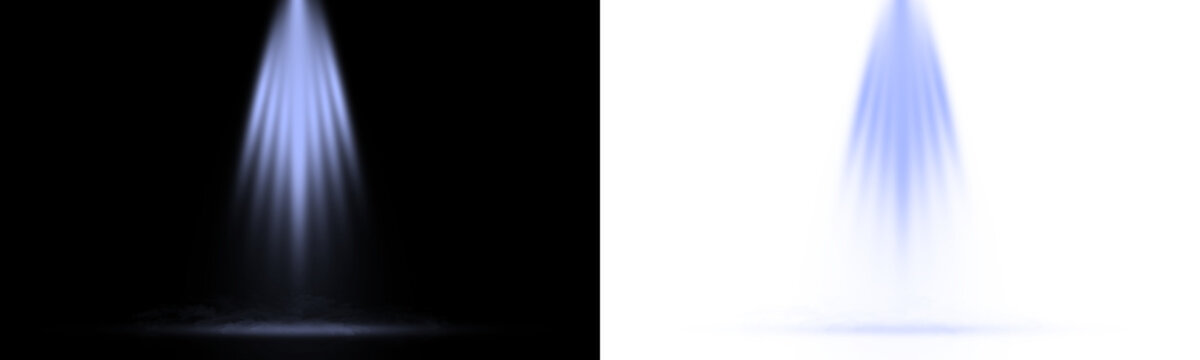 Blue stage spotlight beam with smoke effect on black background and isolated on transparent background