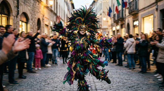 Carnival performer in elaborate costume dances for applauding crowd on cobblestone street