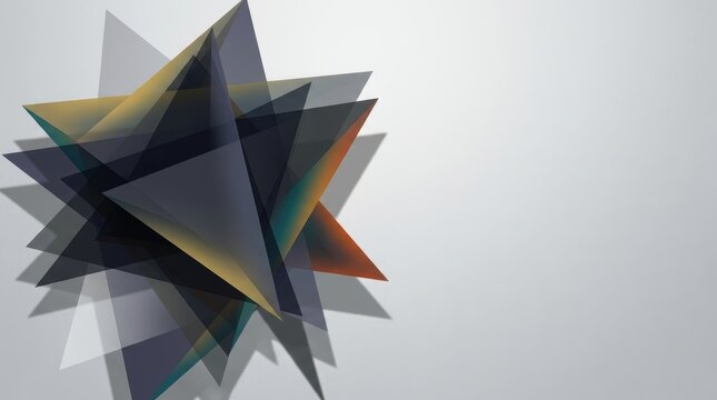 Geometric composition features translucent dark grey and amber triangles overlapping on a minimalist background