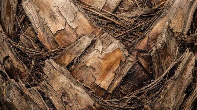 Textured brown palm tree trunk with dry fibrous layers and rough organic patterns in daylight