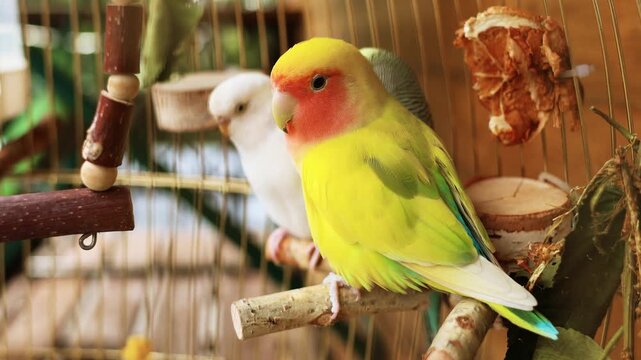 4K slow motion 60 fps footage of a bright yellow rosy-faced lovebird parrot sitting on a wooden perch inside a cozy wire bird cage with another parakeet.