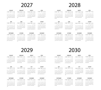2027, 2028, 2029, 2030 simple yearly calendar templates with weak Sunday start | Editable vector calendar grids for desk planners, scheduling, and organization