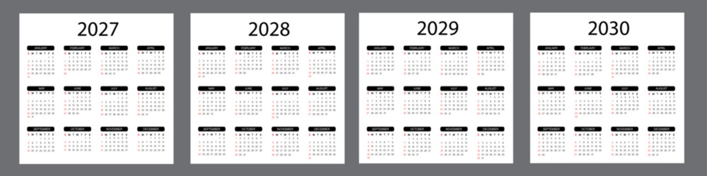 2027, 2028, 2029, 2030 basic calendar set with 12 month sheets | Editable vector templates designed for desk planners and yearly organization