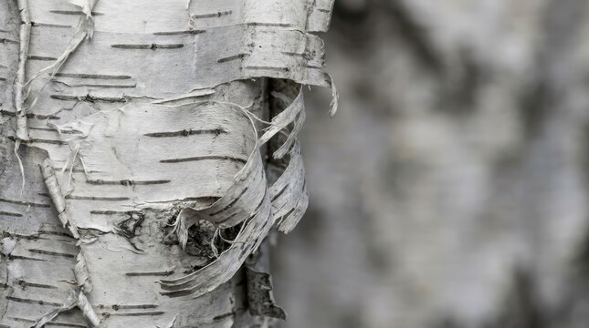 Textured white birch tree bark peels from the trunk revealing detailed organic patterns and horizontal markings