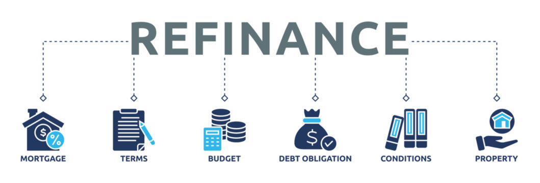 Refinance banner icons glyph dual color illustration containing mortgage, terms, budget, debt, conditions, and property icons for lending, budgeting, financing, planning