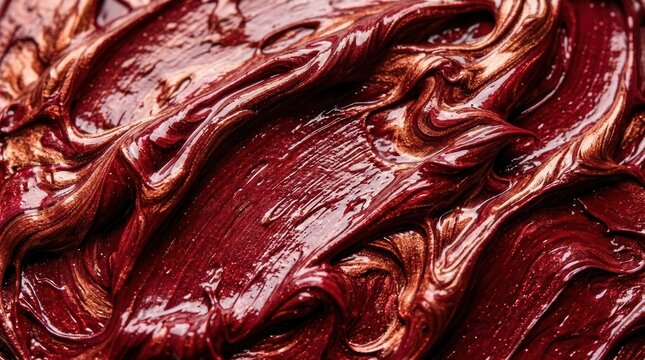 Thick burgundy cream texture with shimmering bronze swirls forming an elegant cosmetic background