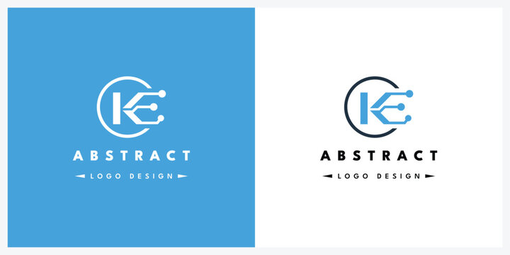 Modern KE letter logo design with digital circuit board lines and tech style typography.