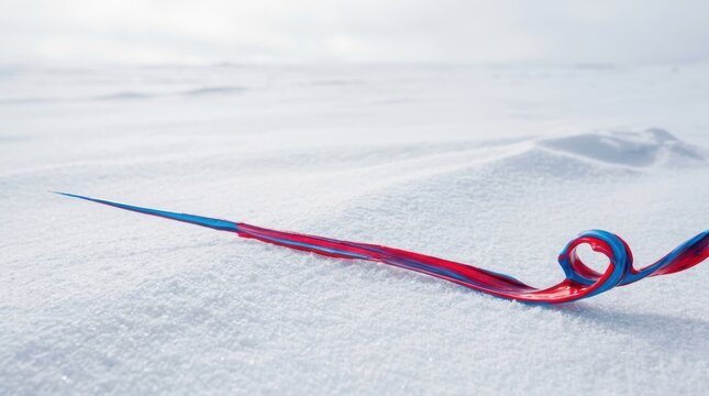 Vibrant blue and red strand of glossy paint with a curl lying on deep white snow in a horizontal landscape