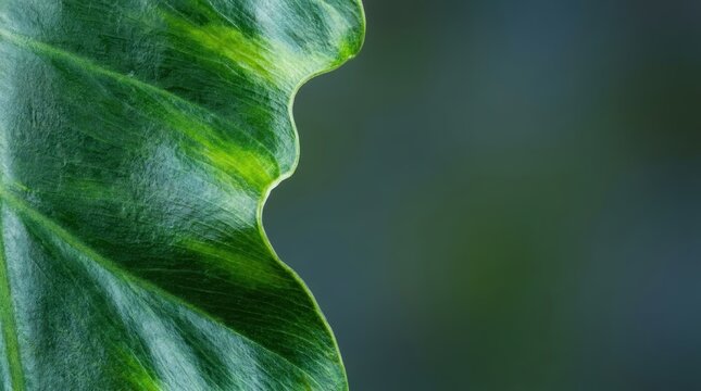 Vibrant green tropical leaf with detailed vein texture and wavy edge set against dark copy space background