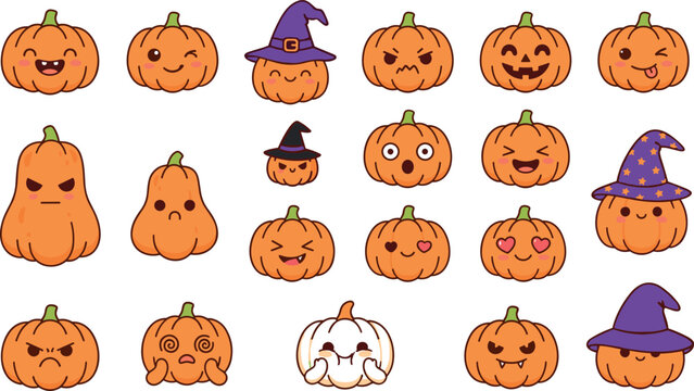 Cute Halloween pumpkin emoji icon set featuring various orange cartoon jack o lantern expressions with witch hats for holiday sticker design vector