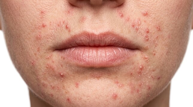 Close up of female lower face showing severe acne vulgaris, pustules and red blemishes around mouth and chin.