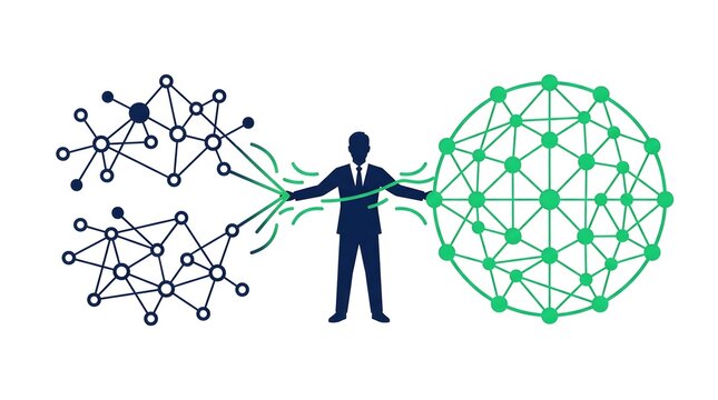 Businessman Silhouette Bridging Small Networks to Global Sphere Network