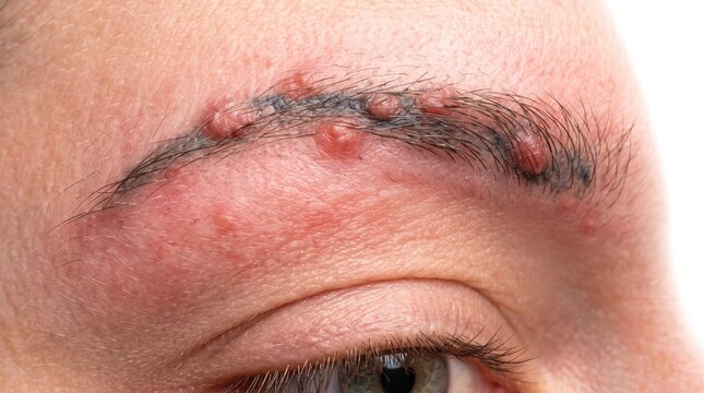 Close up of severe eyebrow infection with red pustules and papules after microblading or tattooing procedure.