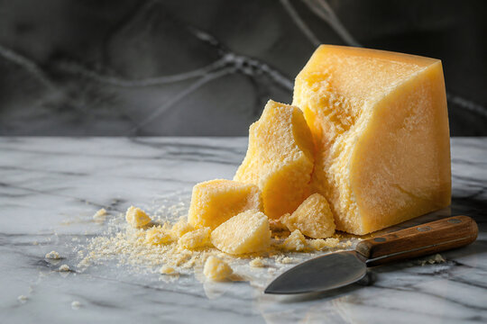 Aged hard cheese wedge breaking on marble slab