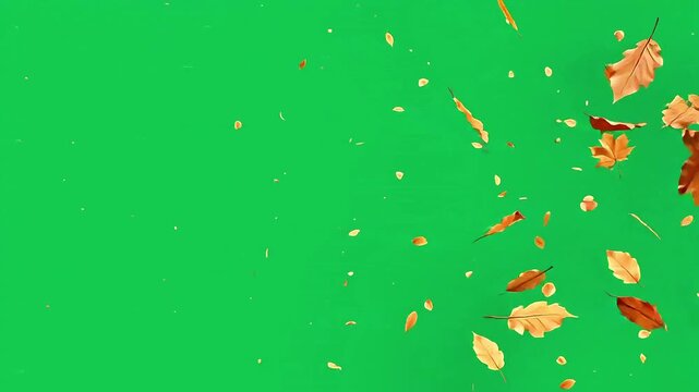Autumn leaves falling and blowing across a green screen background for digital compositing with leaves floating