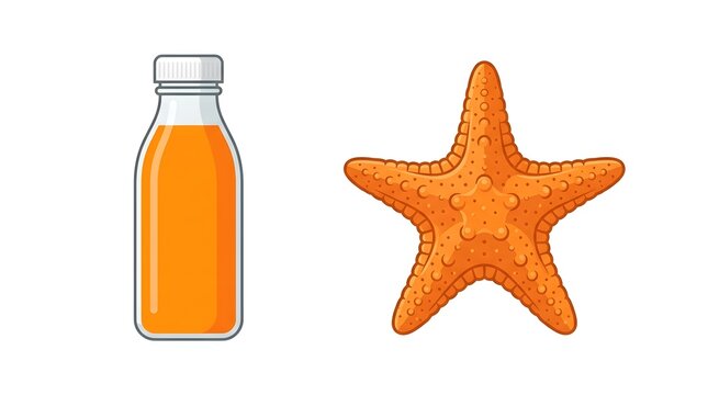 A small glass bottle filled with fresh orange juice next to a detailed orange starfish isolated on a simple surface