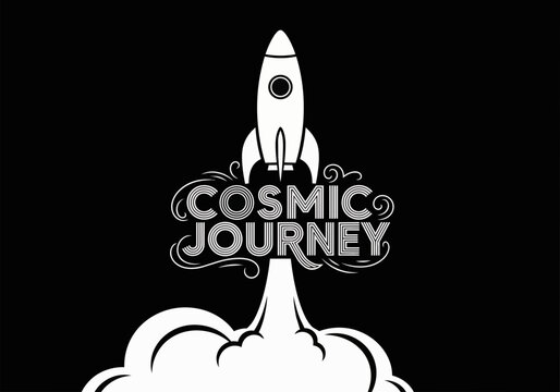 Stylized white rocket launching with 'Cosmic Journey' text, isolated on transparent background, concept for exploration, adventure and space travel promotion.