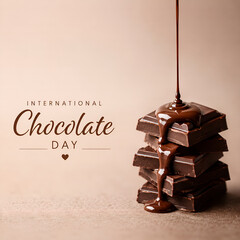 Decadent melted dark chocolate sauce cascades elegantly over a stacked pile of rich cocoa squares for international chocolate day celebration