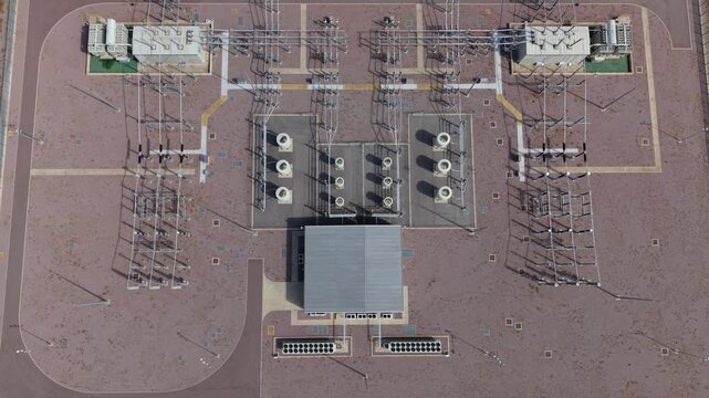 Top down aerial view of 400kV offshore wind onshore substation layout at Bicker Fen UK