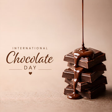 Decadent melted dark chocolate sauce cascades elegantly over a stacked pile of rich cocoa squares for international chocolate day celebration