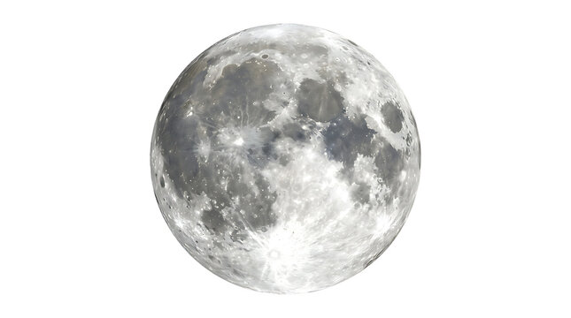 A detailed high resolution photograph of the full moon surface texture shown as an isolated object on a transparent background isolated on transparent background