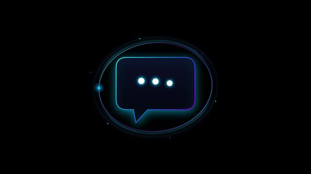 Glowing Cyan Speech Bubble Chat Message Typing Icon Futuristic Circular Ring HUD Motion Graphic Black Background 4K Video