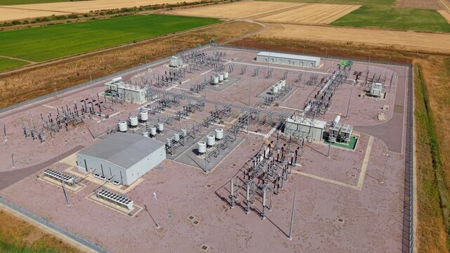 Aerial view of the 400kV onshore electrical substation for the Triton Knoll offshore wind farm in the rural fens of Bicker, Lincolnshire, UK