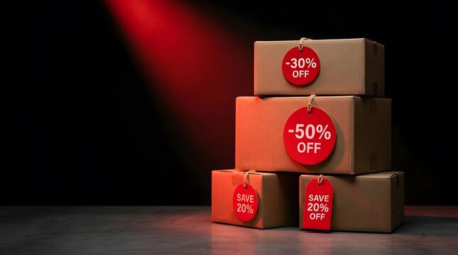 Stack of Cardboard Boxes with Red Discount Price Tags on Black Background