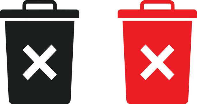 Black and red trash bin icons featuring a bold cross symbol on transparent background