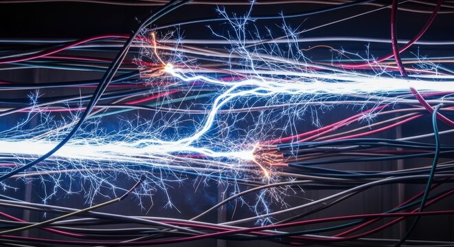 Electric spark jumping between damaged wires with bright blue lightning discharge in dark background