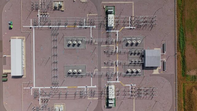 Top down aerial view of 400kV offshore wind onshore substation layout at Bicker Fen UK