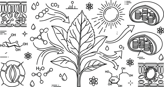 Plant Photosynthesis Process Diagram Vector Line Art Set with Chloroplast Stomata Leaf Anatomy and Chemical Formula Icons for Biological Designs