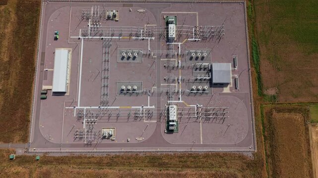 Top down aerial view of 400kV offshore wind onshore substation layout at Bicker Fen UK