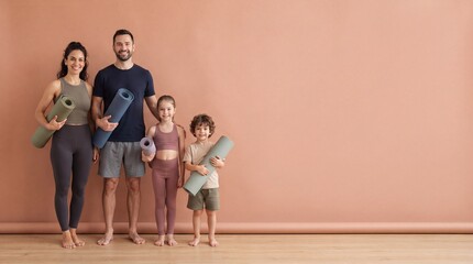 Obraz premium A fit family of four standing in a row holding yoga mats, wearing activewear, posing ad social media download thambnail poster web template event festival 2026 2027 2028