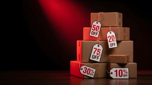 Stack of Cardboard Delivery Boxes with Discount Price Tags