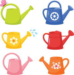 Colorful Watering Cans Vector Set Featuring Green Blue Yellow Red Pink and Orange Watering Pots with Flower Prints Butterfly and Water Drops for Garden Graphic Designs © Rafikul