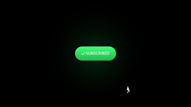 Interactive Green Neon Subscribed Button Animation with Clicking Mouse Cursor Checkmark and Floating Sparkles Social Media Overlay 4k video