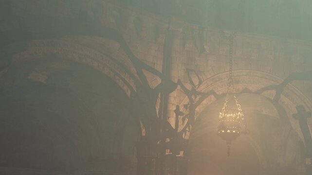 A dark hallway in an ancient castle is softly lit by a hanging lantern. Shadows stretch across the stone walls. The atmosphere feels mysterious and eerie. The light casts long patterns on the ground.