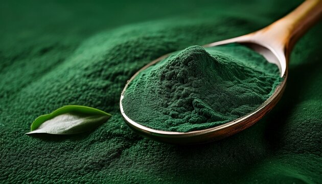 Fresh Spirulina Algae Powder On A Spoon On A Spirulina Background