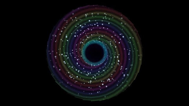 Rainbow Gradient Concentric Line Spiral Vortex with Swirling White Bokeh Particles and Black Hole Void Motion Graphic Overlay 4k video