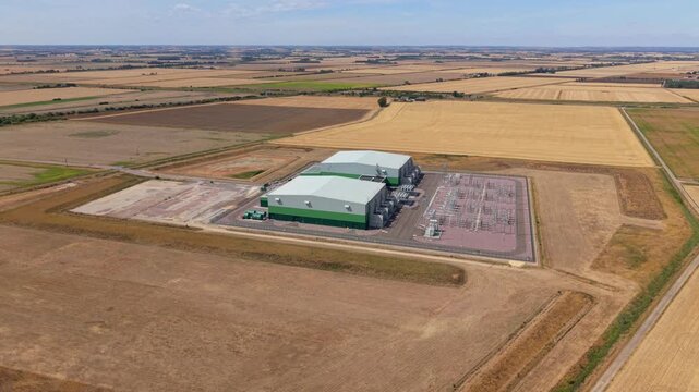 Aerial view of Viking Link HVDC converter station surrounded by expansive rural farmland Lincolnshire UK