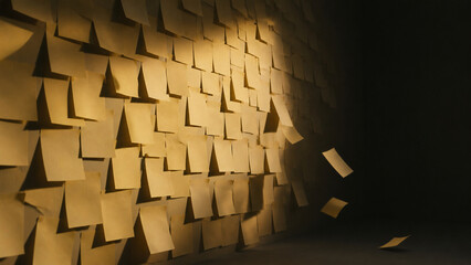 Obraz premium Photorealistic business concept showing a wall completely covered edge to edge in blank unwritten sticky notes with none of them readable, some peeling and falling. Visual metaphor for time.