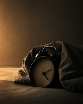 Photorealistic business concept showing an old alarm clock half buried under a rumpled blanket with no numbers visible on its face, dim early light. Visual metaphor for time pressure and burnout.