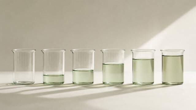 Photorealistic business concept showing a row of identical clear glass measuring vessels filled to progressively different levels, backlit, plain background. Visual metaphor for growth and.