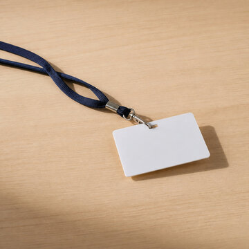 Photorealistic business concept showing a blank unprinted name badge lying face down on a plain desk beside a lanyard, no text of any kind, soft even light. Visual metaphor for people teams and.