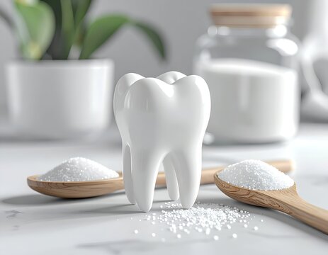Clean, bright white tooth model surrounded by powder, spoons, and glass jar on marble