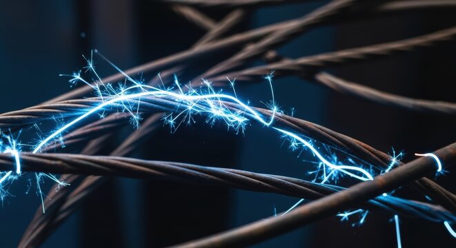 Electric spark discharge on braided steel cables showing high voltage current and energy flow